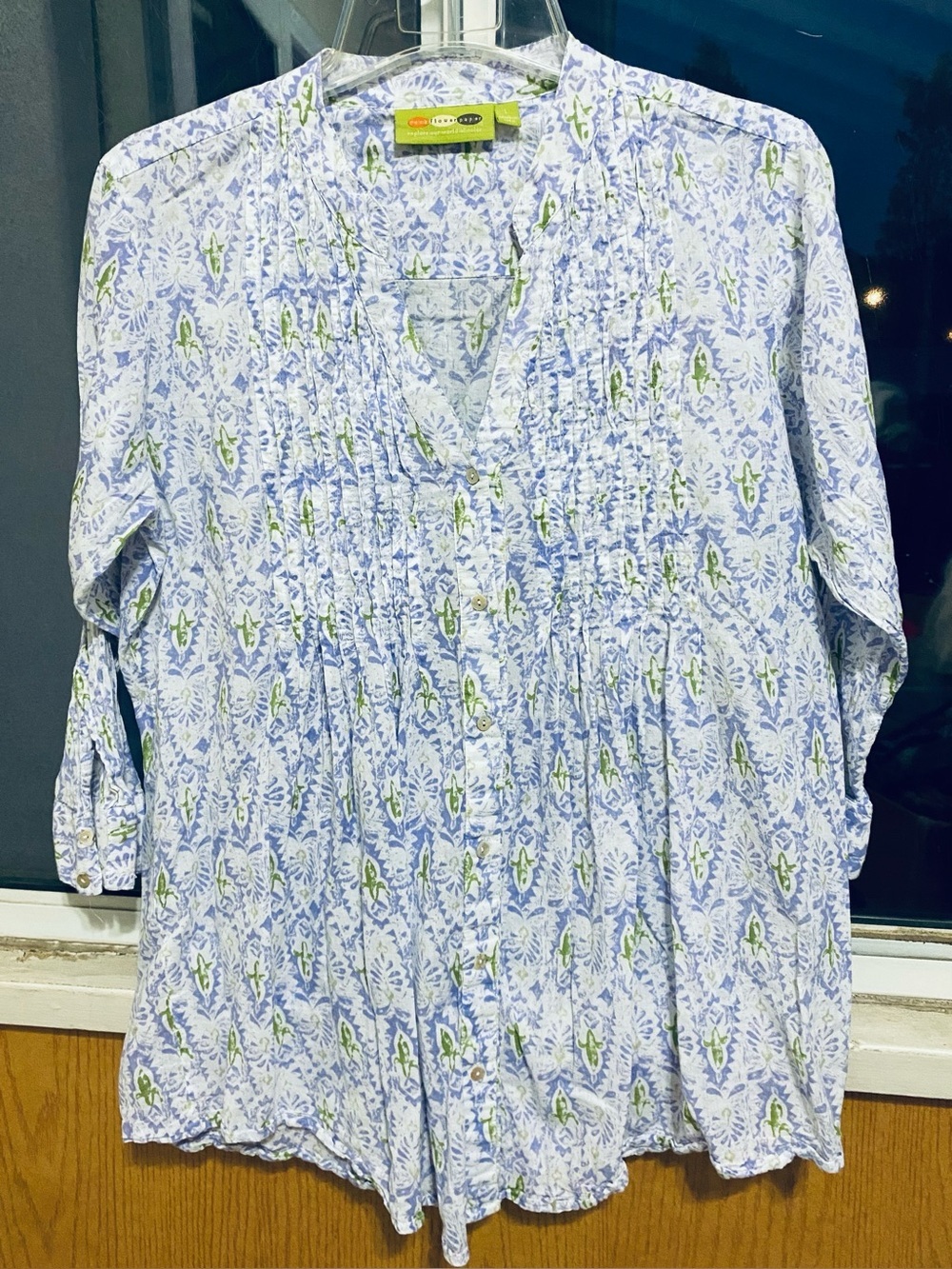 Rock Flower Paper Cotton Pintuck Tunic Blouse Large Blue Green Floral